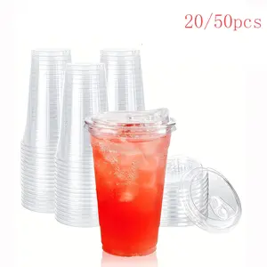 Transparent Plastic Cups with Lids, to Go Crystal Clear Disposable Cups, Disposable Iced Coffee Cups with Lids, 16oz Cold Drinks, Ice Coffee, Smoothie, Soda, Lemonade, Individual Cups