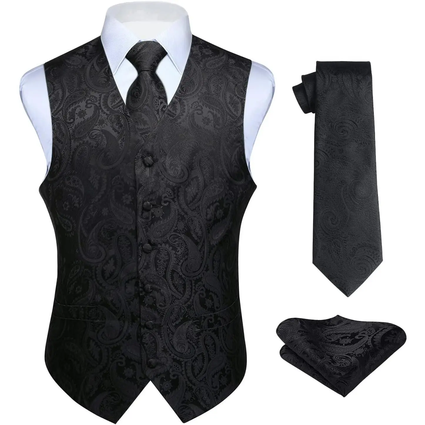 Men's 3-Piece Formal Vest Set with Paisley Floral Jacquard Waistcoat, Necktie & Pocket Square for Wedding PartyGift