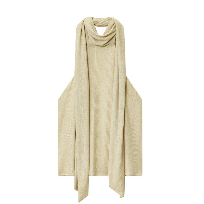 Beige Top With Scarf Detail Unique Draped Scarf - Neck Sleeveless Blouse Layered Women's Piece Metallic Thread Tank Top Resort Vests Elegant Spaghetti Strap