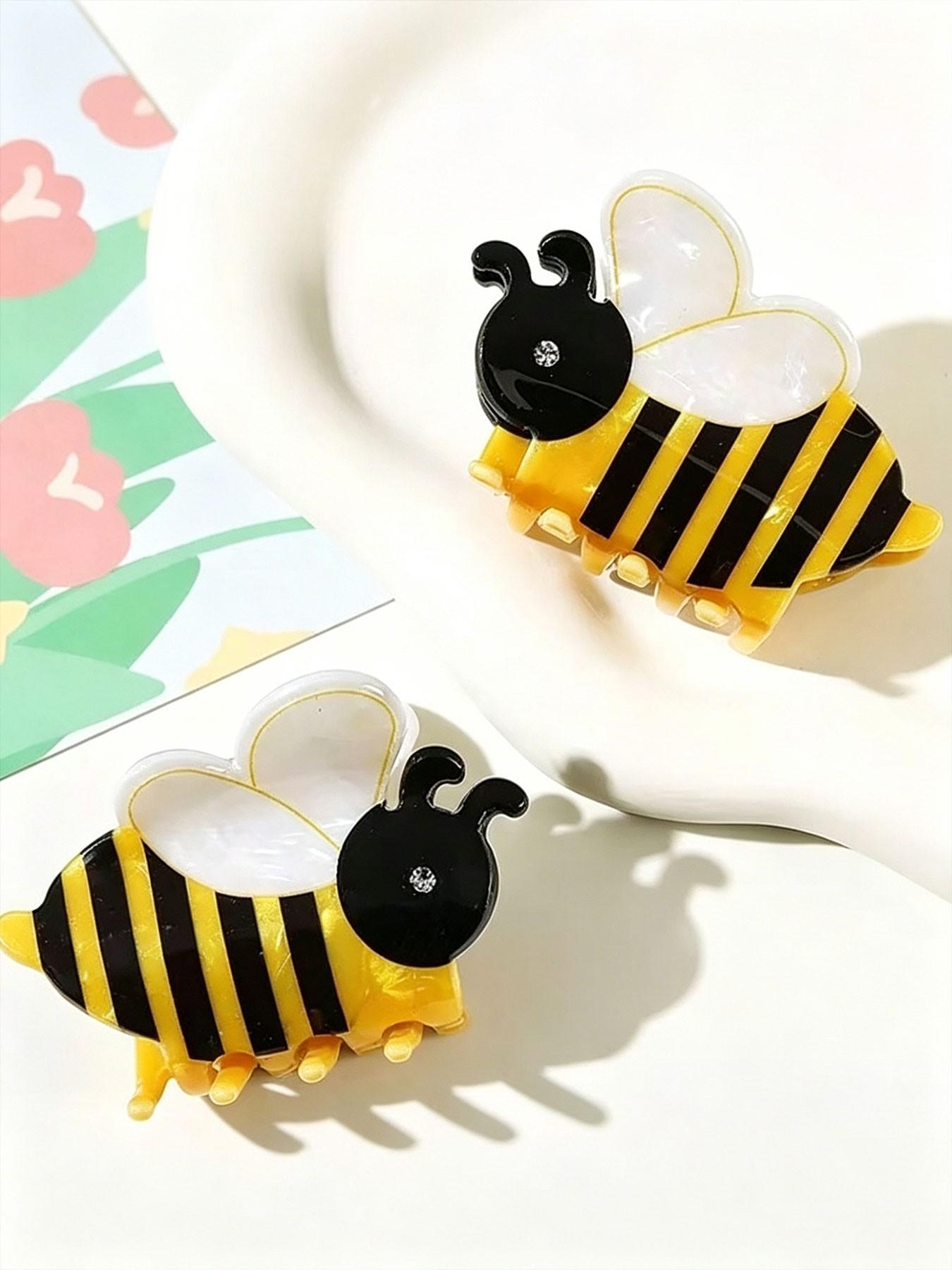 Women's Cute Cartoon Bee Hair Clip, Acrylic Rhinestone Decor, Half-Up Ponytail Shark Clip, Sweet Heart Hair Accessory