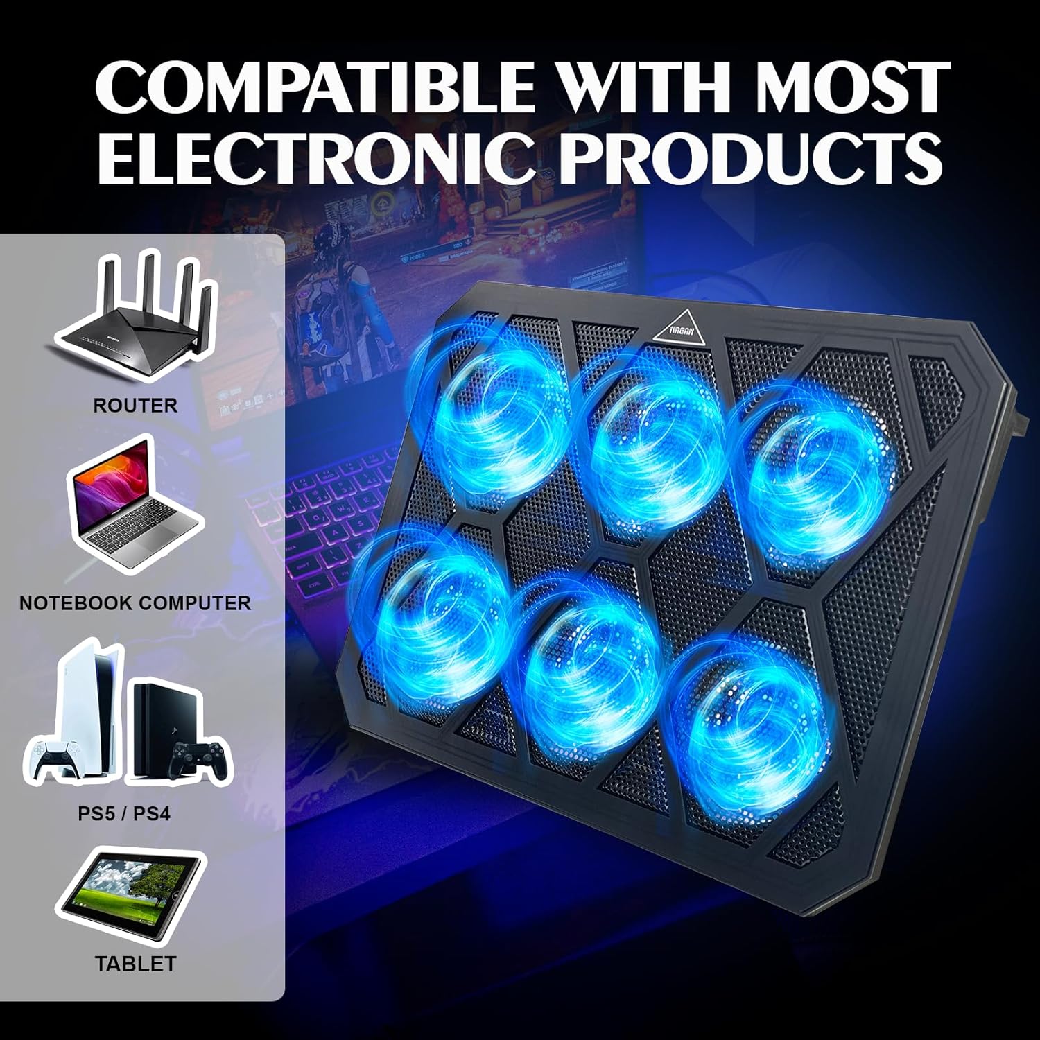 Laptop Cooling Pad with 6 Fans,  USB  Cooling Pad for Laptop with Dual USB 2.0 Ports, Height-Adjustable, Metal Mesh Gaming Notebook Cooler, Fits 15-17.3 inch Laptops