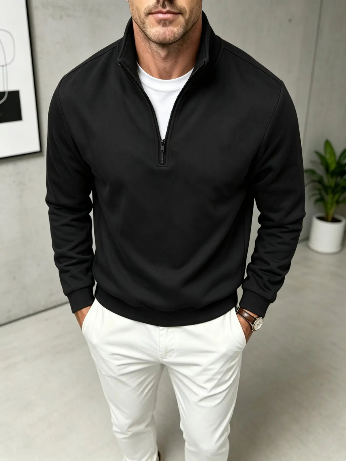 Men's half-zip stand-up collar long-sleeved hoodie in solid color, simple and loose design, soft and comfortable fabric. Available in multiple colors. Suitable for daily commuting, shopping, casual outings, and light outdoor wear.