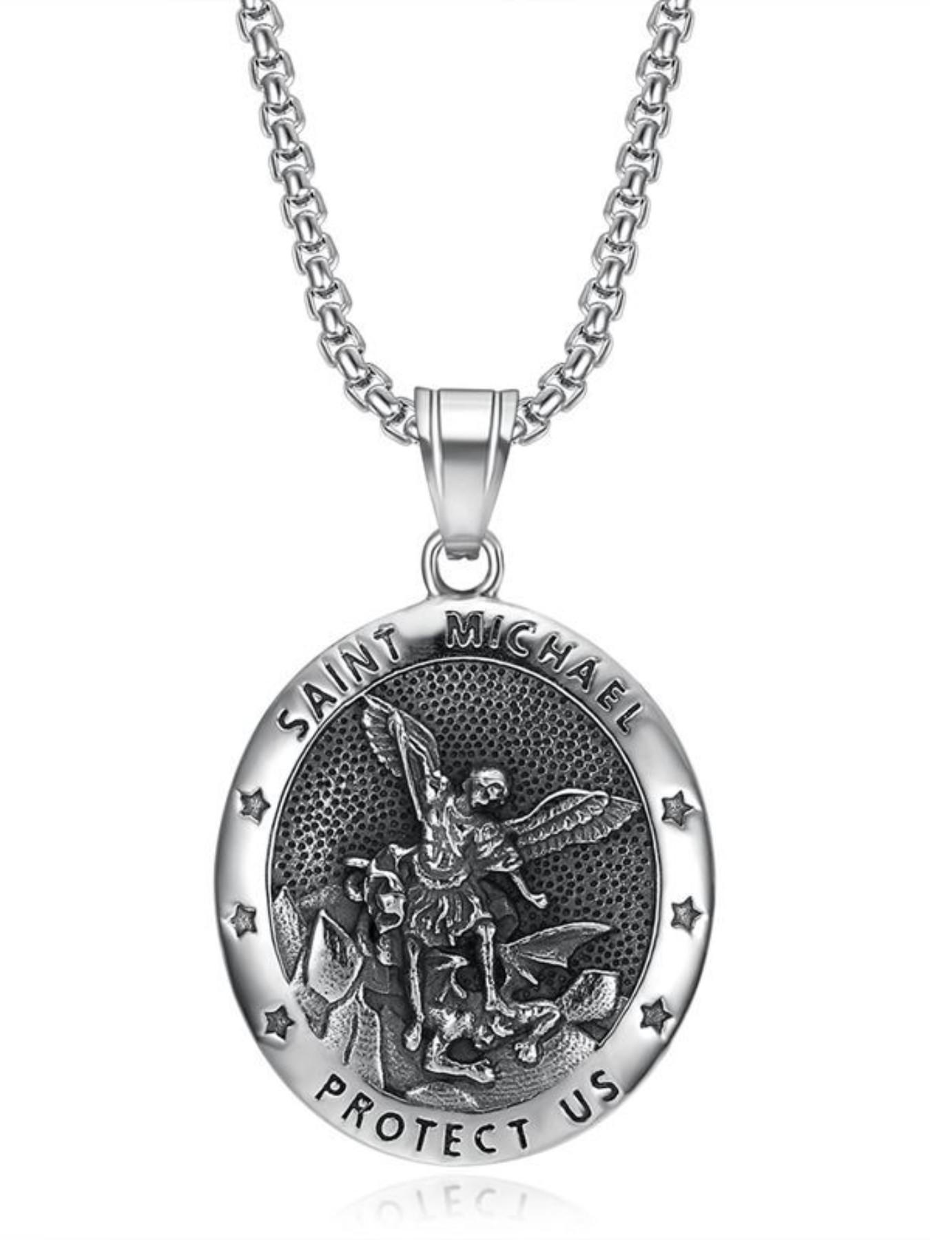 Vintage Saint Michael Angel Pendant Necklace, Unisex Titanium Steel Round Charm, Protective Jewelry for Men and Women, Unique Fashion Accessory