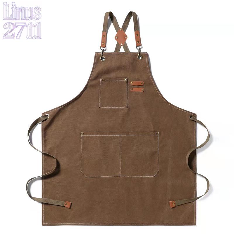 Cotton Canvas Cross Back Work Apron Leather Adjustable Strap Multi Pocket Oil Resistant Kitchen Coffee Shop Gardening Artist Unisex Custom Logo Blank Apron