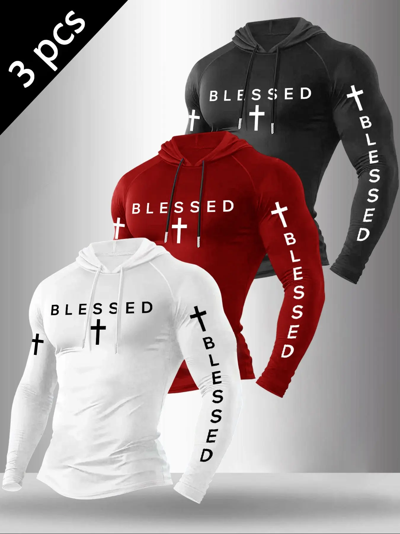 Men 3Pcs Hooded Long Sleeve Athletic Top, Blessed Cross Letter Graphic Print Sports Pullover, Fitness Workout Training Hoodie Athleisure Workout Tops#MensAthleticWear #ChristianFitness #CrossPrint #WorkoutTop #GymHoodie #OOTD #TikTokFinds