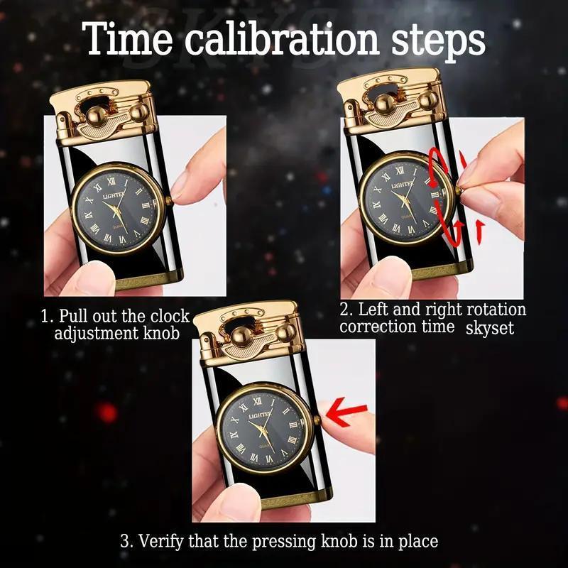 Windproof Lighter with Vintage Analog Clock Face, Black Ice Retro Design, Adjustable Blue Flame Butane Lighter (Butane Not Included), Refillable Windproof Torch Lighter for Camping Hiking Gifts for Men