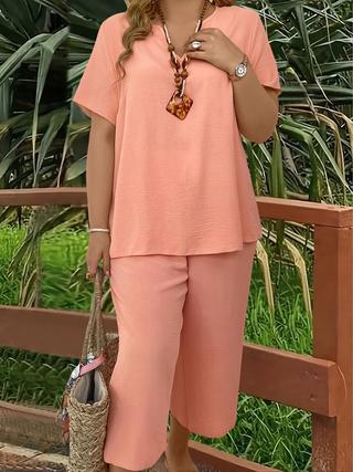 Elegant Plus Size Women's Solid Color Short Sleeve Fashion Top & Casual Wide Leg Pants Set, Summer, Comfortable & Stylish Elegant Plus Size Women's Solid Color Short Sleeve Fashion Top & Casual Wide Leg Pants Set, Summer, Comfortable & Stylish