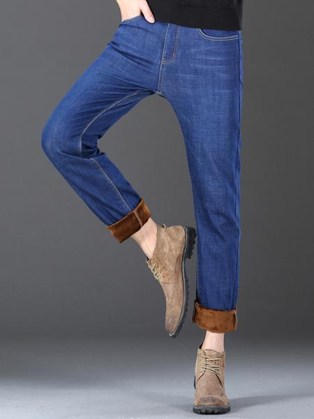 Men's Fleece Lined Thick Denim Jeans, Loose Straight Leg Elastic Big Size Business Casual Pants for Fall Winter, Comfortable & Stylish