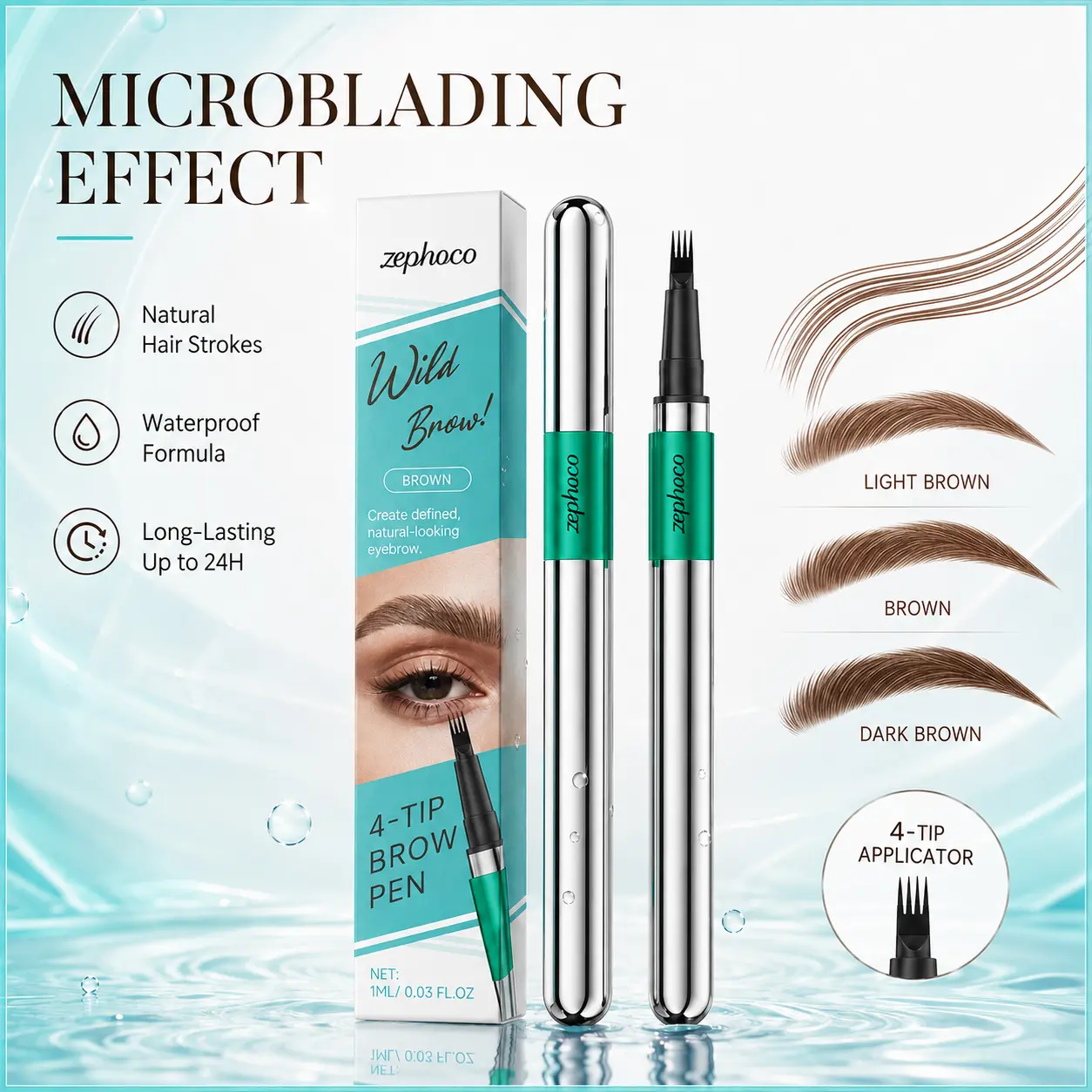 Zephoco 4-Tip Microblading Eyebrow Pen - Waterproof, Smudge-Proof, Smear-Resistant Formula for Sparse Brows, Precise Line Work, Natural Look, Easy Daily Touch-Up & Defined Shape