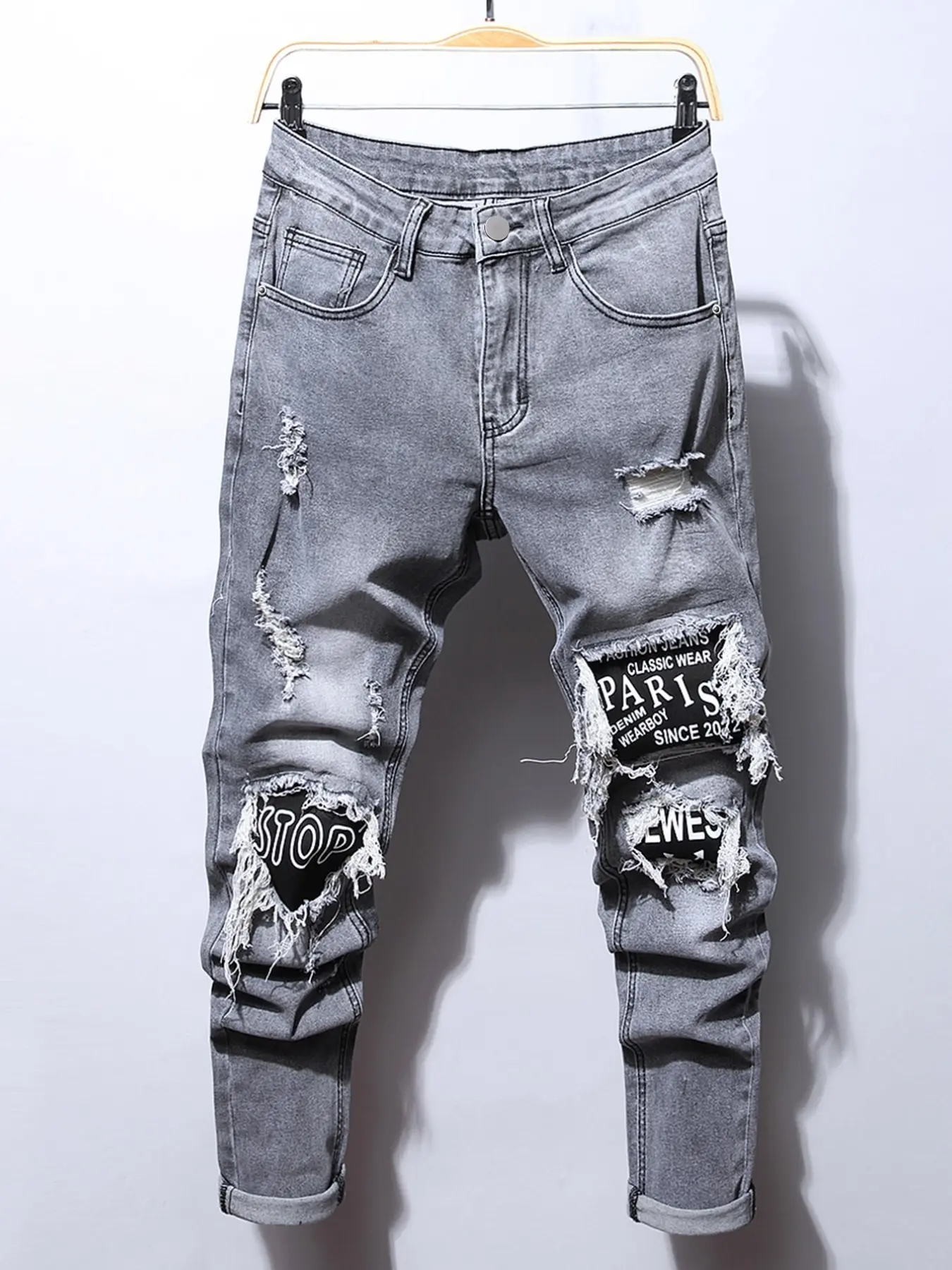 Four-Season Washed Ripped Jeans, Letter Patch Frayed Edge, American Destroy Style, Slim Fit Men's Long Pants, Urban Streetwear Essential, Distressed Hole Jeans