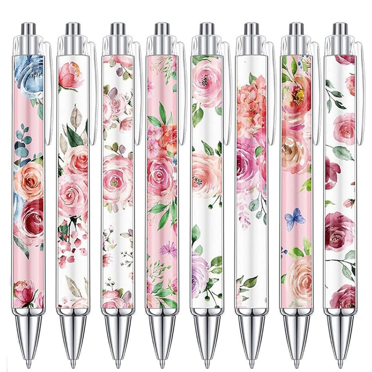 8/16/24 Pieces Flower Ballpoint Pens Bulk, Spring Floral Pens, Colorful Floral Retractable Black Ink for Women, Spring Flower Writing Journaling Gifts Office Supplies