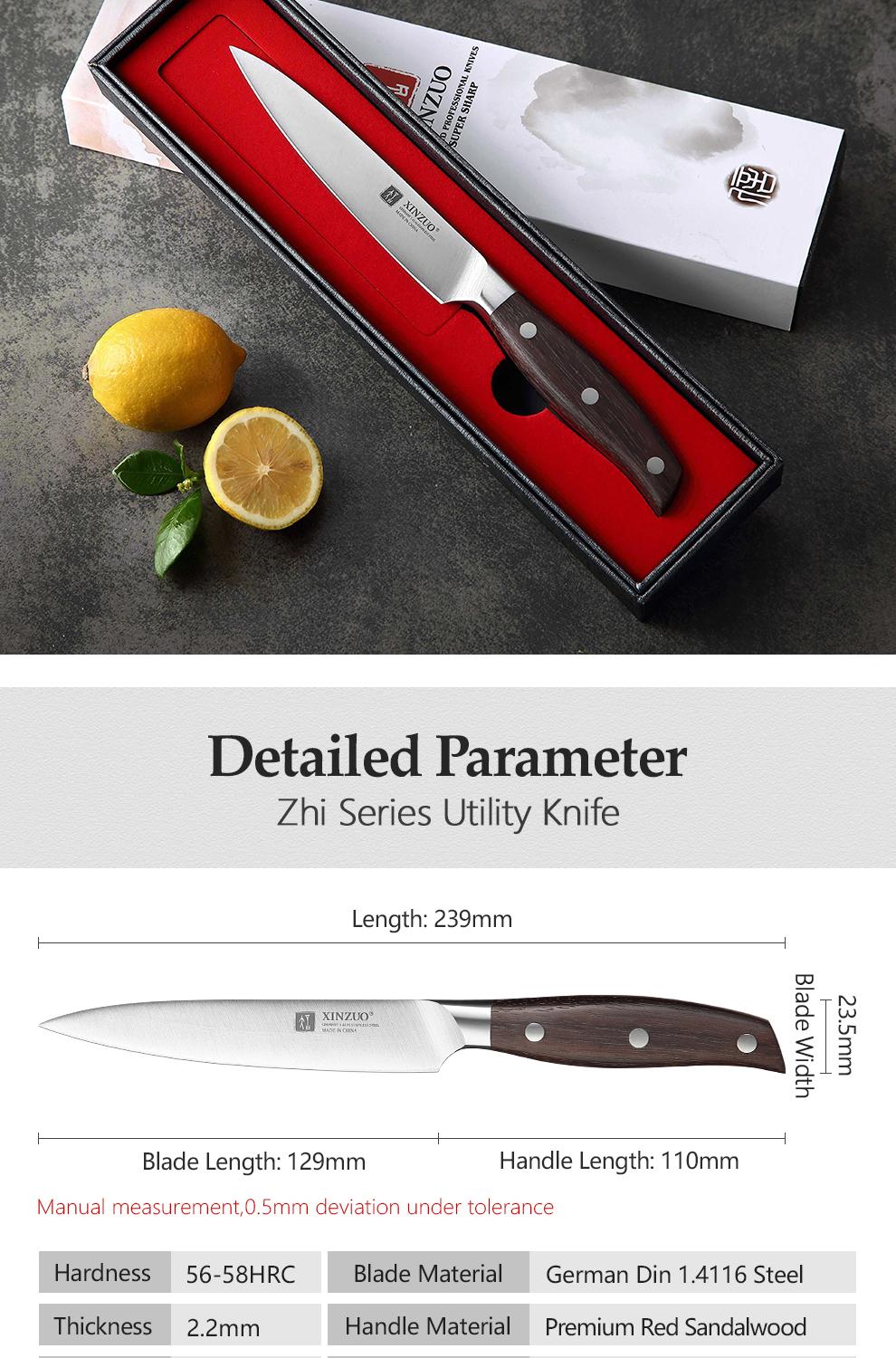 XINZUO Utility Knife. 5-inch compact design. Crafted with German 1.4116 steel, paired with red sandalwood handle. 6.0- 8.0 N cutting force. Comes in a beautiful gift box——Zhi Series