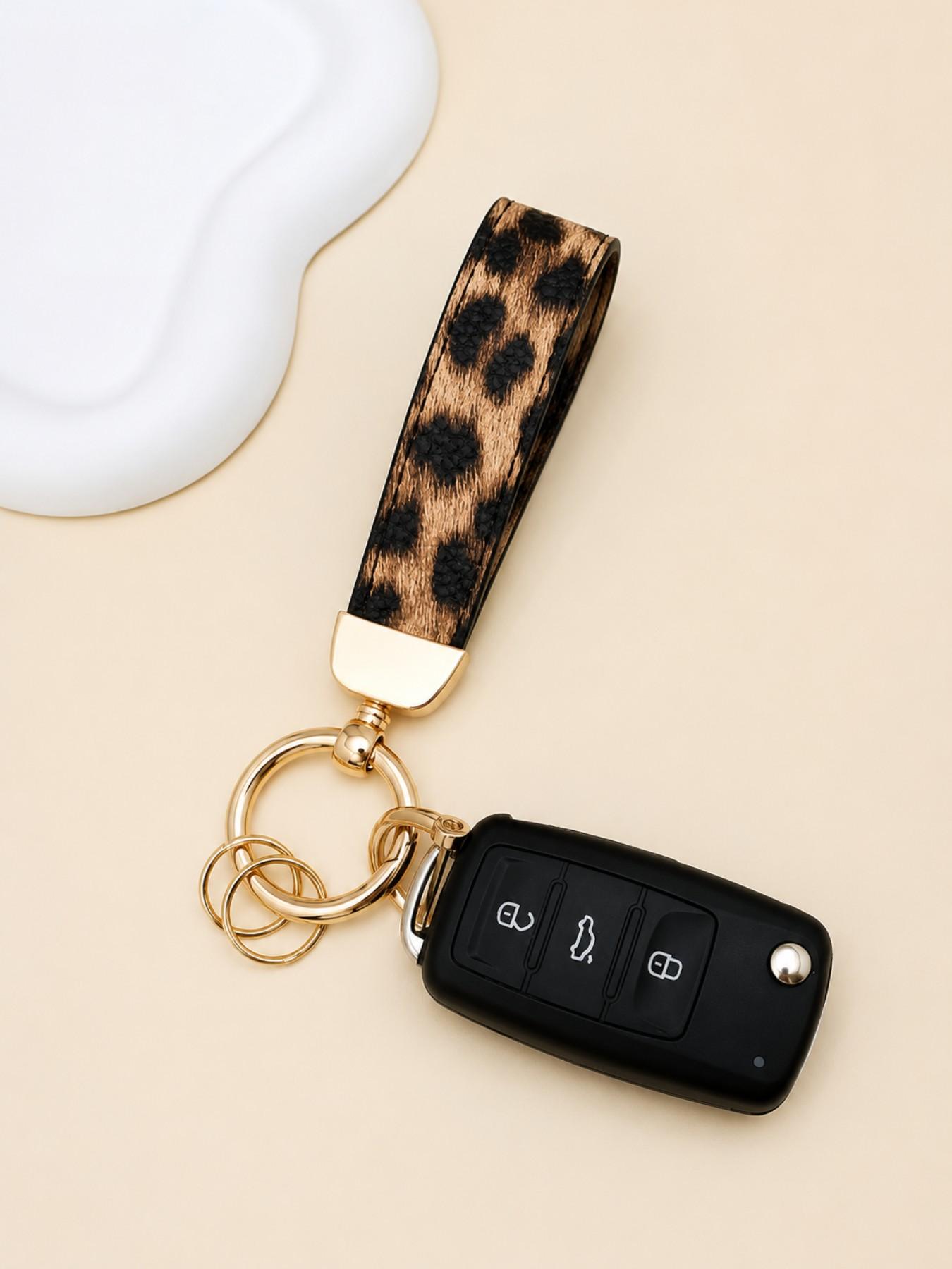 Leopard Print Heart/Star Purse Charm Bag Keyring & Leopard Print Car Key Fob Lanyard with Anti-Lost D-Ring Faux PU Leather Keychain Car Key Holder Strap Animal Cheetah Print Car Key Handbag Charms Bag Pendant Backpack Automotive Accessories Couple Gift