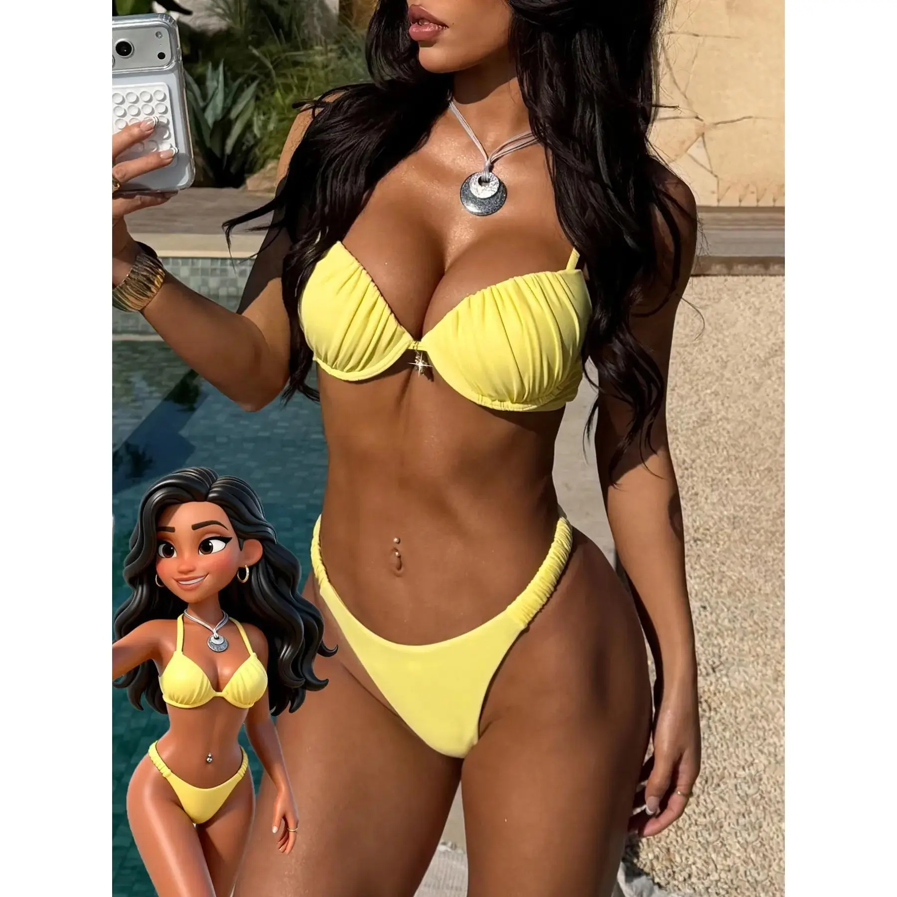 Women's Push-Up Swimwear Bathing Suit Bikini Swimsuit, High-Cut Sexy Bottoms with Ocean Turtle Print in Baby Yellow, Summer Beach Bikini Set for Vacation, Bikini Beach Wear, Bikinis Set