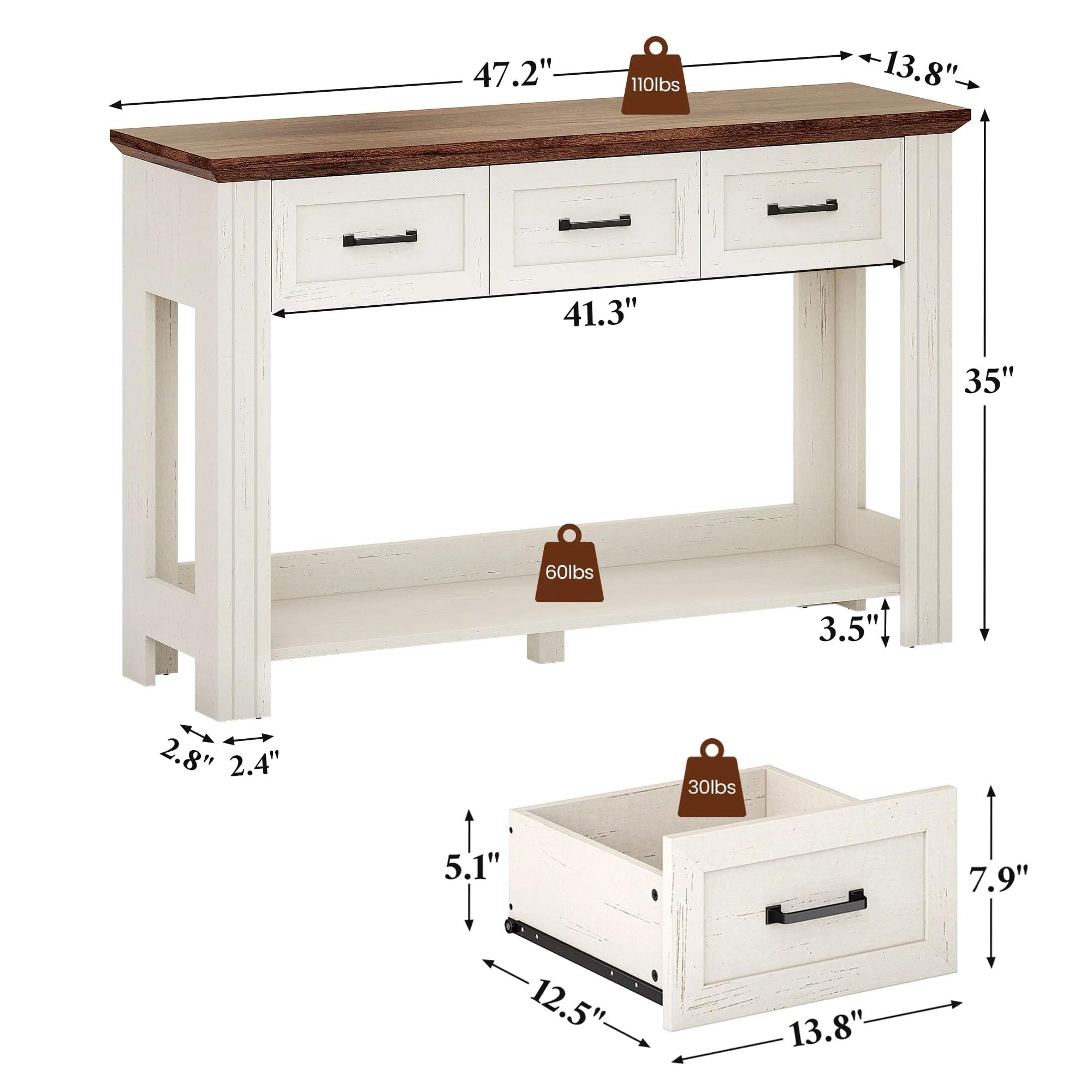 47 inch Farmhouse Console Table with 3 Drawers White-Brown