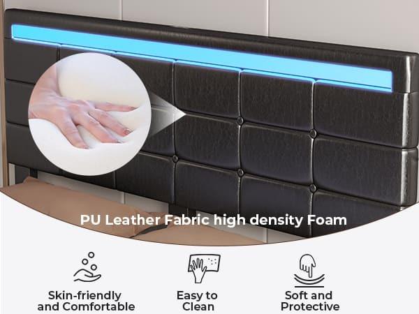 Sikaic 4 Storage Drawers LED Bed Frame With Leather Platform Adjustable Headboard Storage Drawers And Charging Station Black Bedroom Set Unique