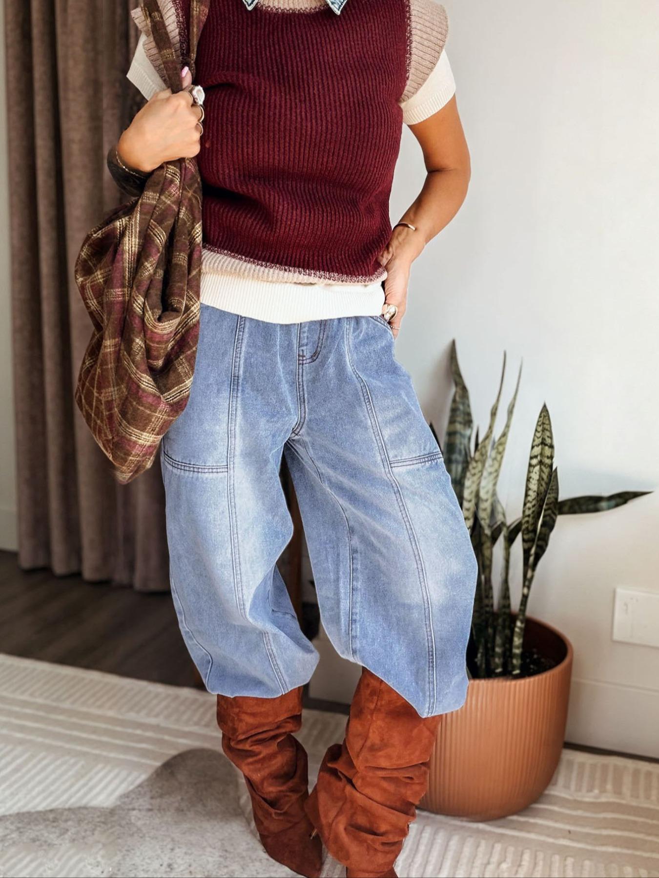 【The Stevie - Katrina's Exclusive】Women's Washed Elastic Waist Denim Pants, Casual Loose-Fit Pockets Jeans, Vintage Bottoms for Commute, Outdoor Activities & Daily Wear, Streetwear, Womenswear, TChic
