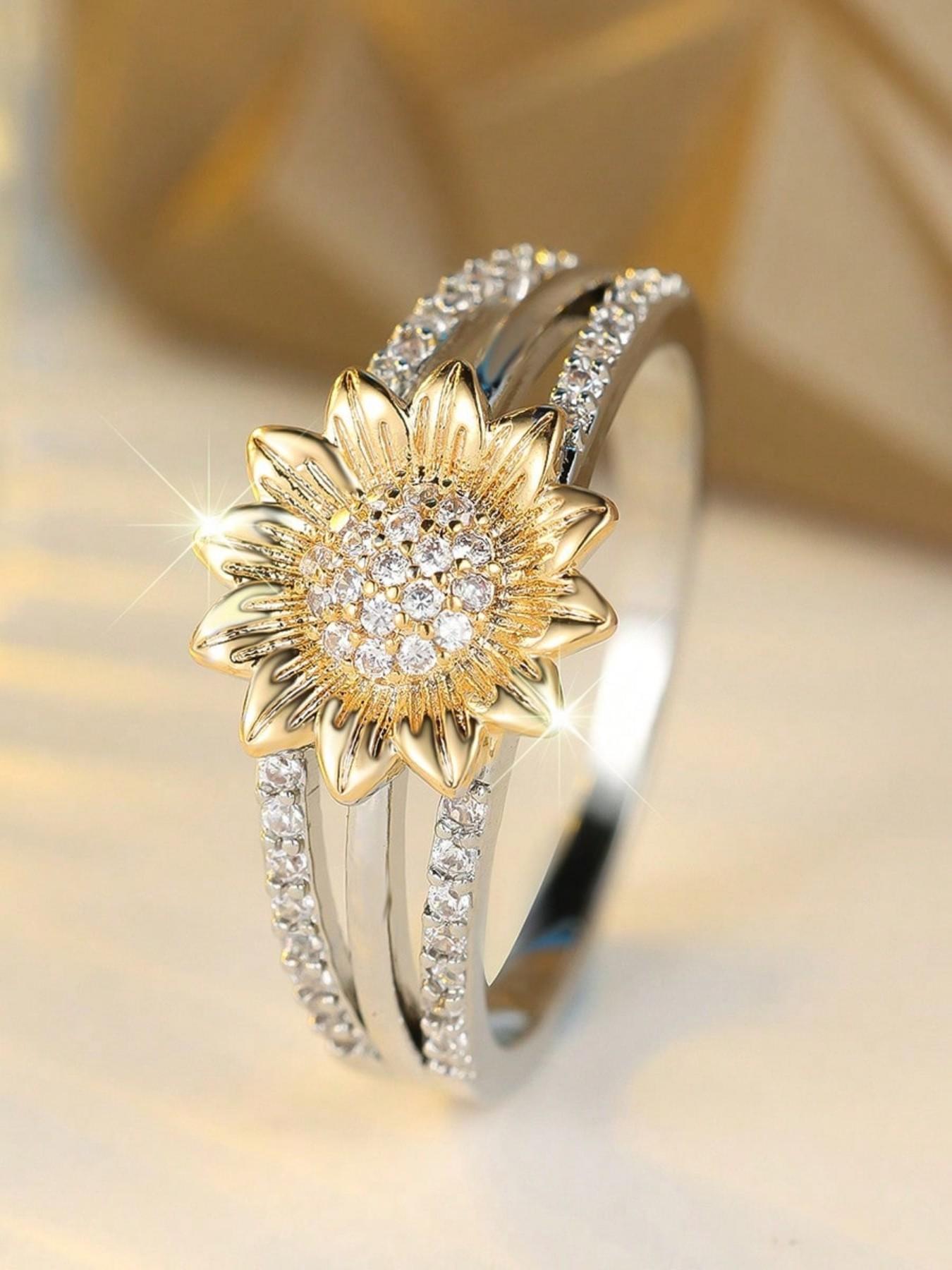 Elegant Sunflower Flower Ring for Women, Beautiful Rings, Fashion Copper Zircon Jewelry, Perfect Gift for Parties and Anniversaries, Stylish Floral Design