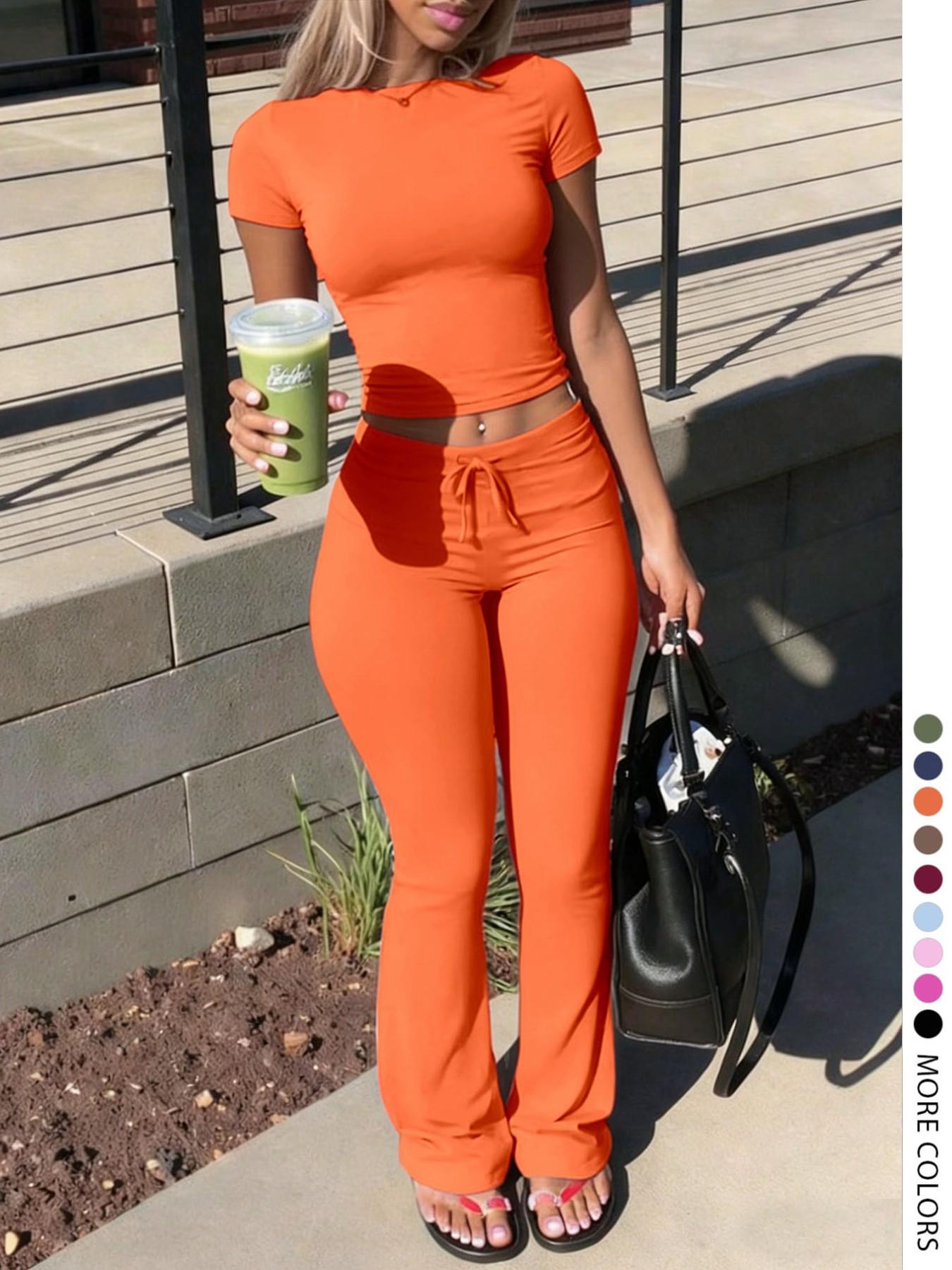 LovelyWholesale - US Women's Fashion Casual Solid Color Round Neck Short Sleeve T-Shirt Top and Drawstring Pants Two-Piece Set, Spring and Summer Clothing