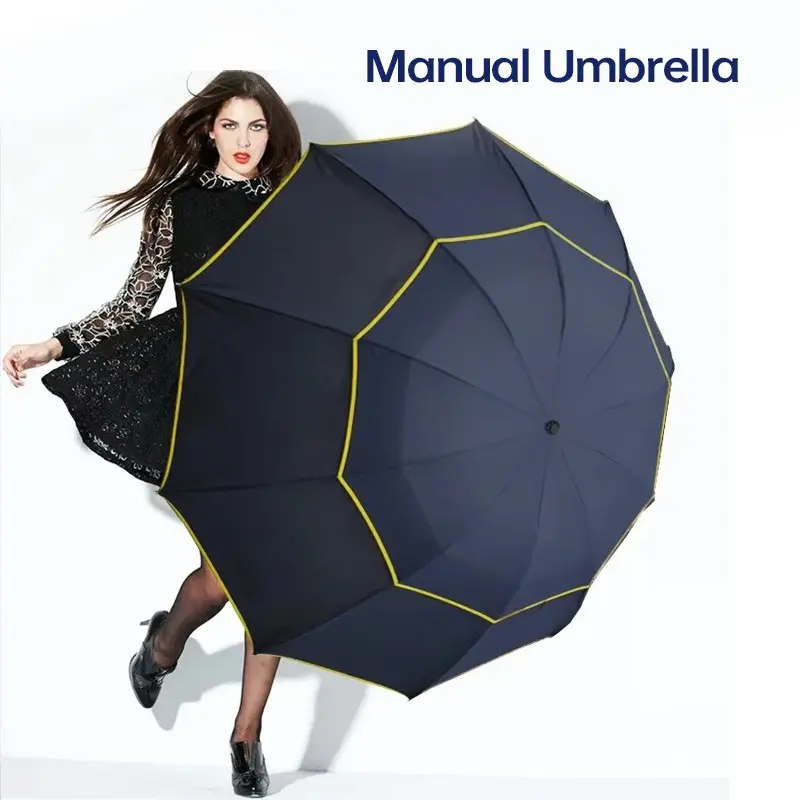 Manual Folding Umbrella, 10-Rib Double-Layer Ventilated, Windproof Water Proof Rain Sun Shelter, Business Large Umbrella, 110cm Diameter, 450g, Durable