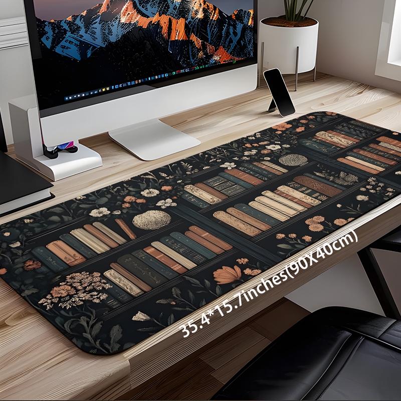 Floral Bookshelf Pattern Mouse Pad, Rectangle Gaming Mouse Pad, Non-slip Rubber Pad, Desktop Decoration Protective Pad for Home Office, Office Desk Accessories