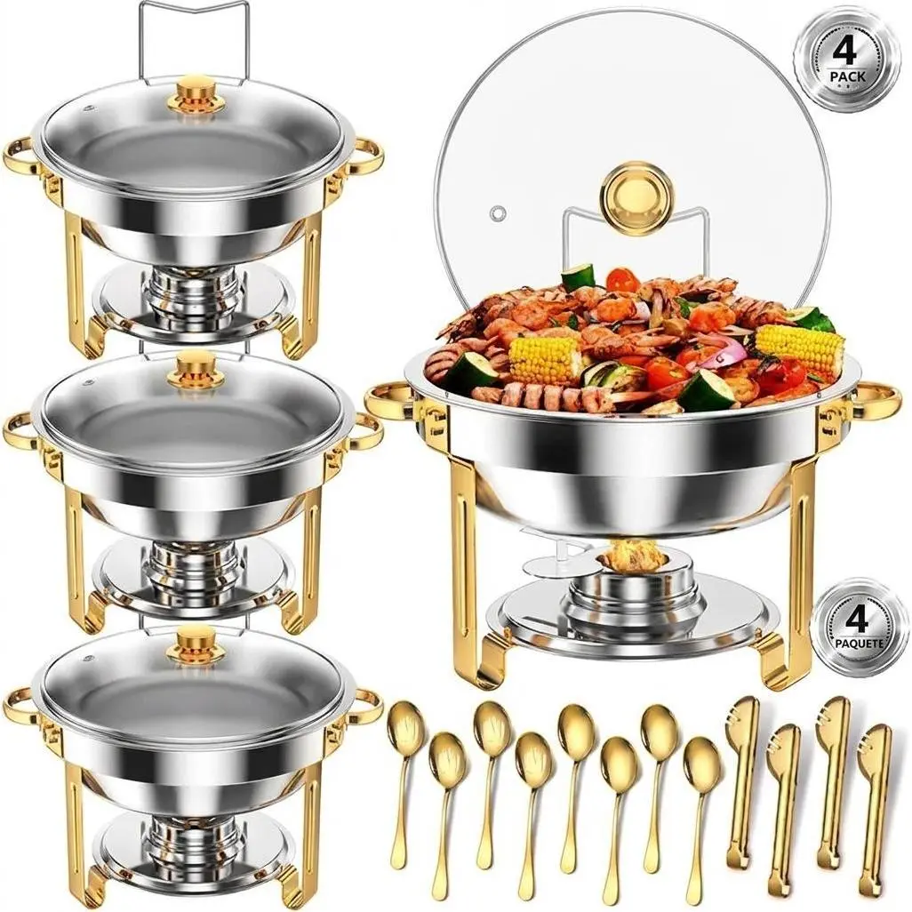 Gold Round Chafing Dish Set 4-Pack, Stainless Steel Buffet Server, Glass Lids, Folding Stands, Fuel Holders & 12-Pc Utensils