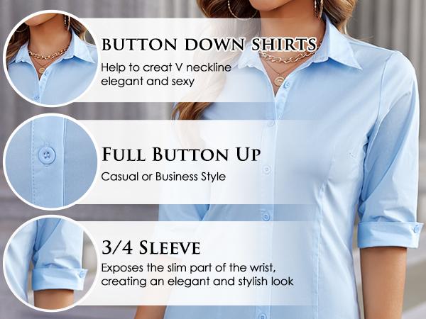 Women's Basic Button Down Shirts 3/4 Sleeve Stretch Button Up Dress Shirt Slim Fit Waitress Work Shirts Summertok citygirl Top Blouse