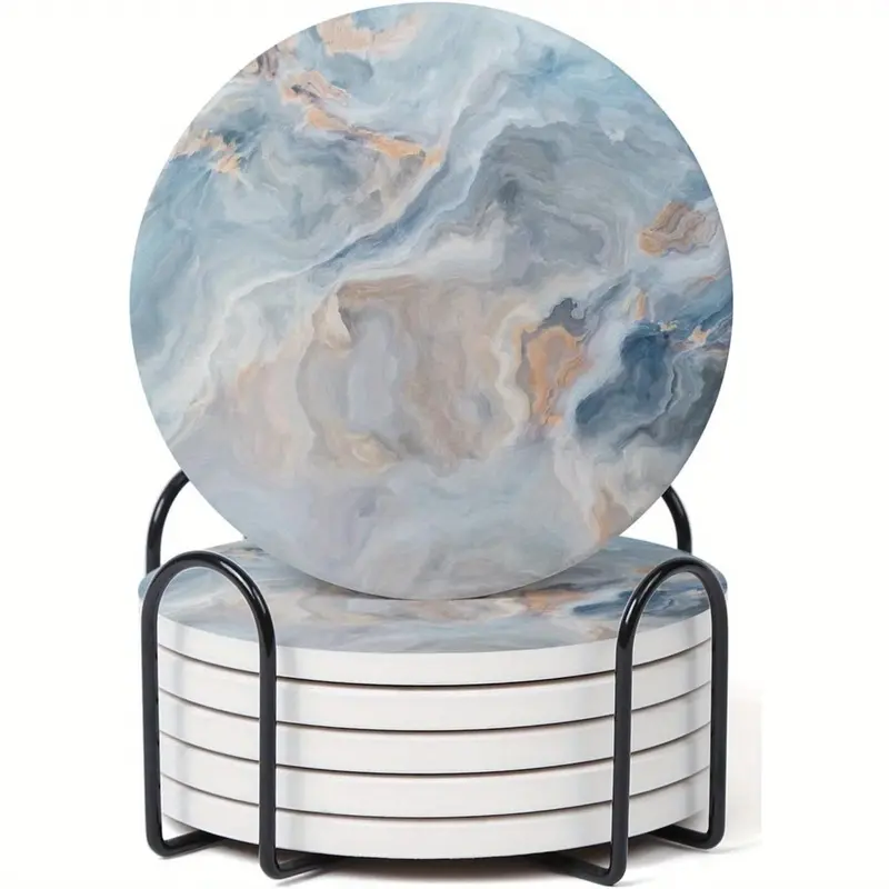 A set of 6 abstract blue marble coasters (with stands), absorbent wooden drink coasters, cork-backed coasters, Coasters for drinks, for table protection, a housewarming gift for a new home