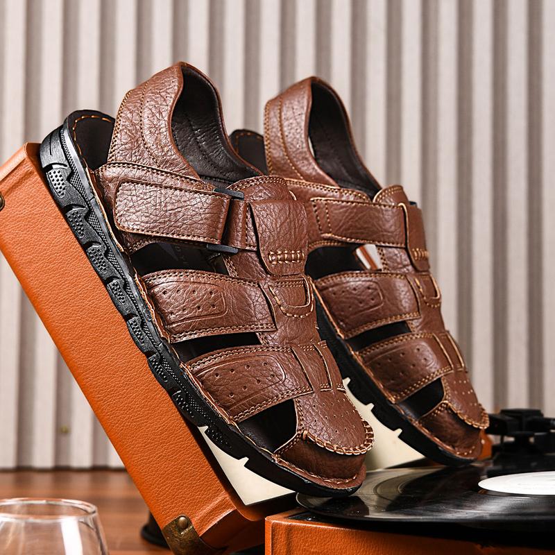Men's Leather Sandals Closed Toe Water Shoes For Summer Athletic Outdoor Walking Sports Trail River Fishing Wide Adjustable Waterproof Arch Support Lightweight Slip-Resistant