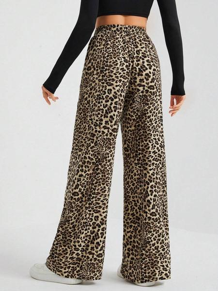 Leopard print woven women's wide leg casual pants