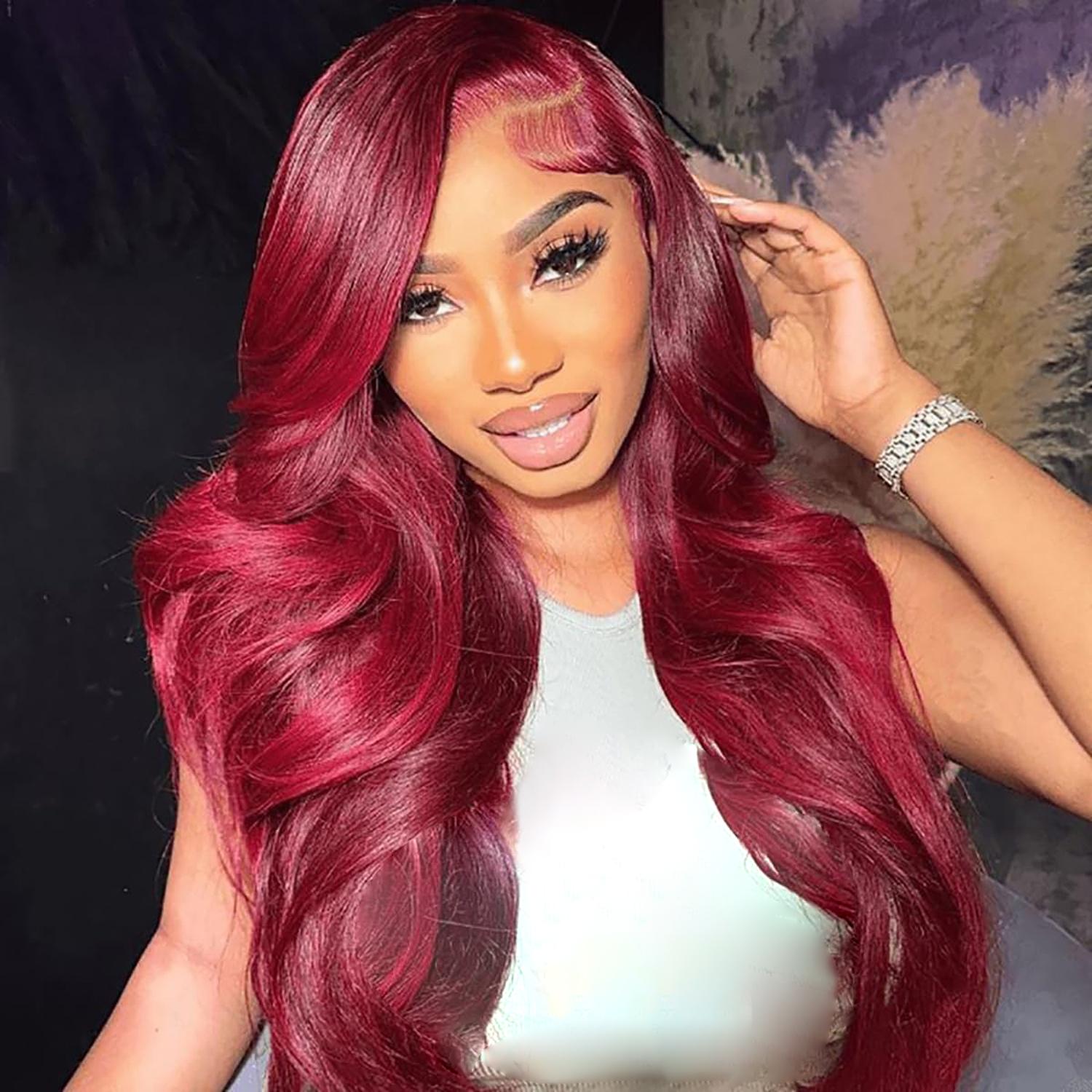 13x6 99J Body Wave Wig Burgundy Lace Front Wigs Human Hair 200% Density 32 Inch Hd Transparent Body Wave Frontal Wig Pre Plucked with Baby Hair Red Wine Wigs for Women