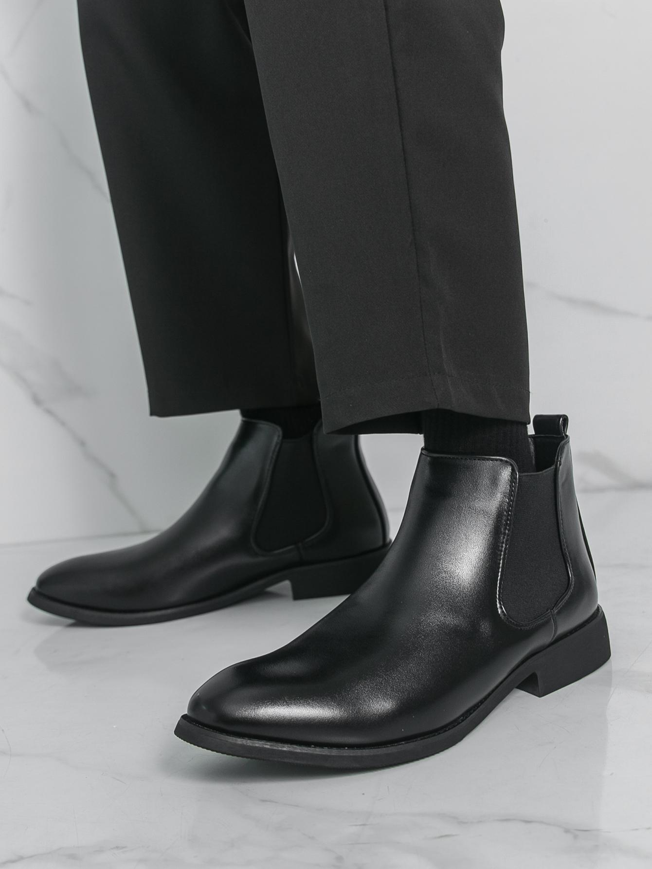 Trend Gloss Black Slip-On Chelsea Boots Dual Elastic Panels Pull Tab At Heel Block Heel Stitched Sole Daily Business Wedding Ankle Boots Walking Shoes