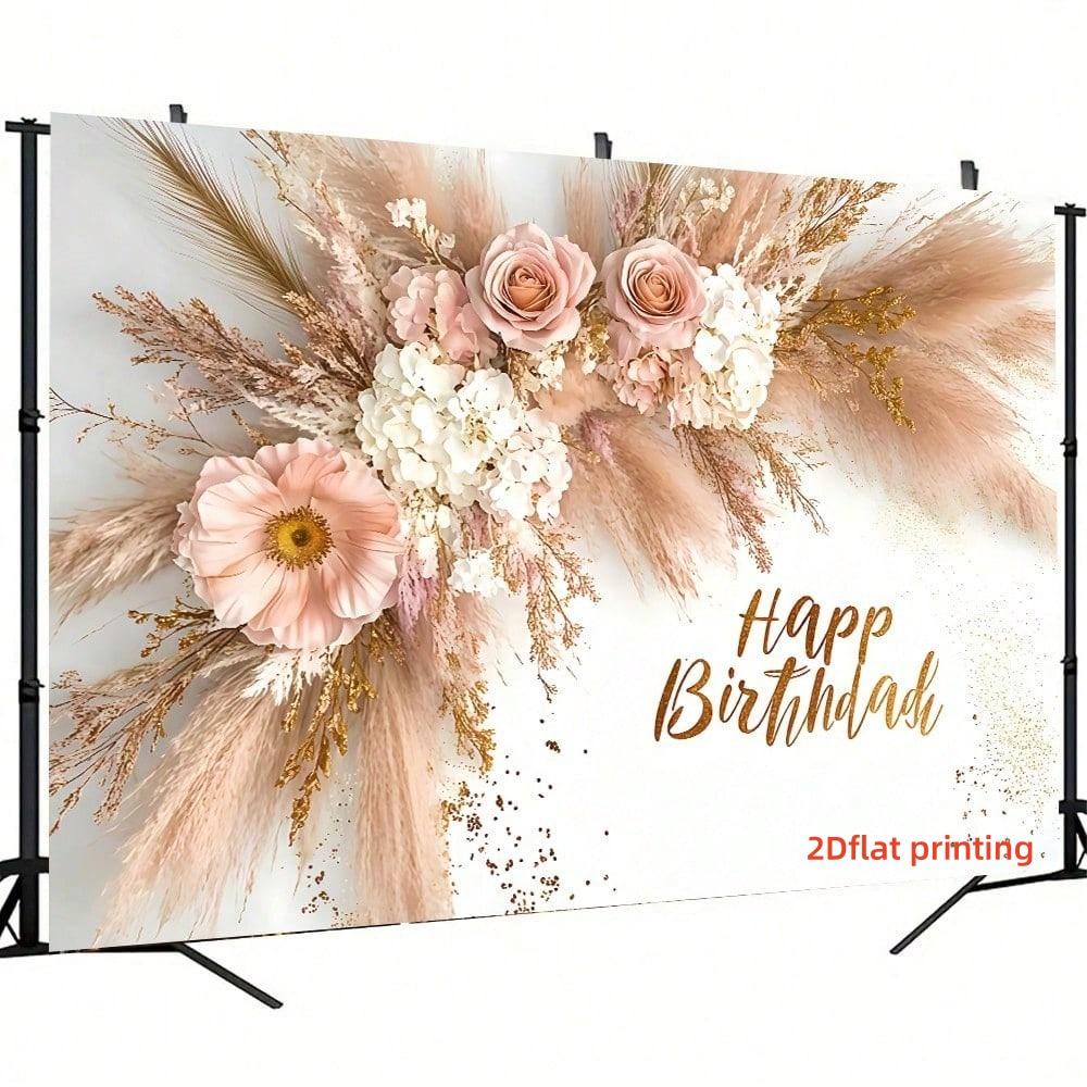 2DFlat1pc Boho Dried Flower Style Happy Birthday Backdrop Banner, With Pink Roses, Pampas Grass and Gold Glitter Elements, Ideal for Boho Birthday Party, Bohemian Themed Celebration, Ins Style Photoshoot Decoration, Can Be Used as Photo Background