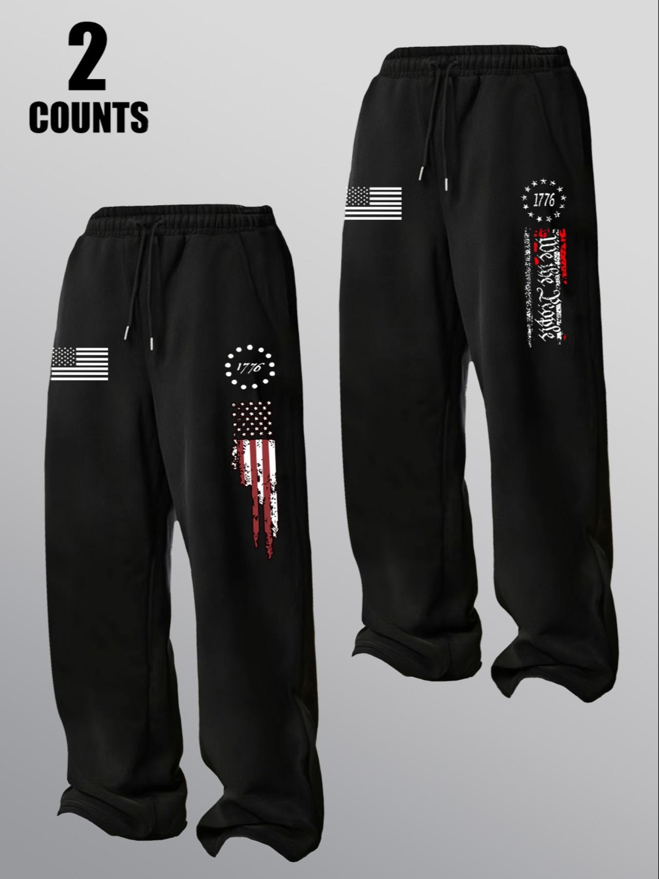 Men's Spring Autumn Classic Flag Print Casual Fitted Pants Set, Drawstring Waist Athleisure Straight Leg Long Trousers, Outdoor Sports Wear for Men