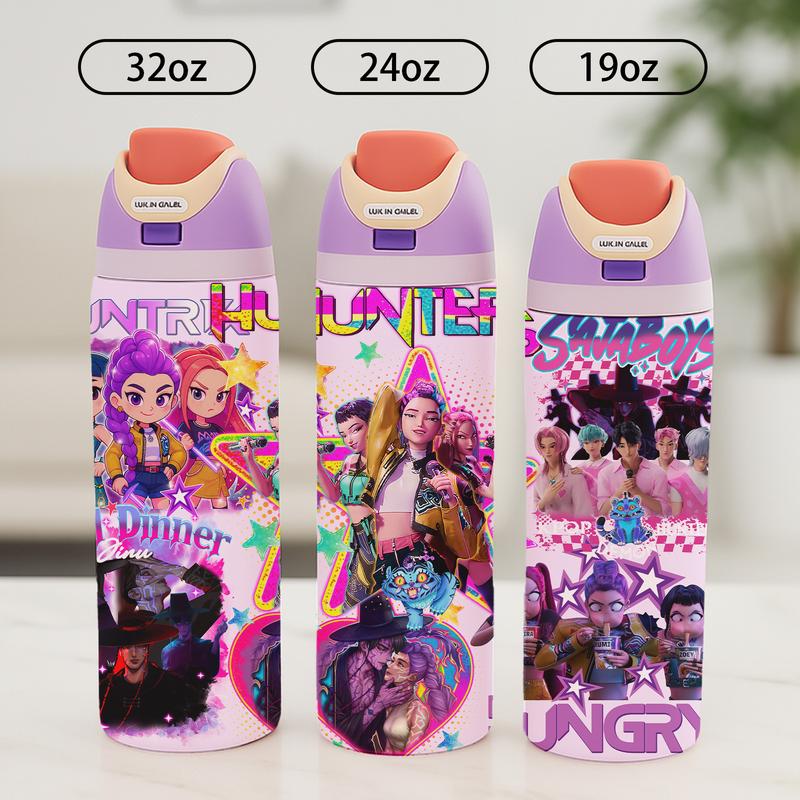 AuraCup 1pc 19/24/32oz KPop Demon Hunters Stainless Steel Tumbler, Anime Boys Comic Print, with Lid and Straw, Keep Hot 12H / Ice Drinks 24H, Great for Travel, Office, Unique Gift for music Lovers, KPop Demon Hunters, Fun Gift for Teens or Pop Culture Fan