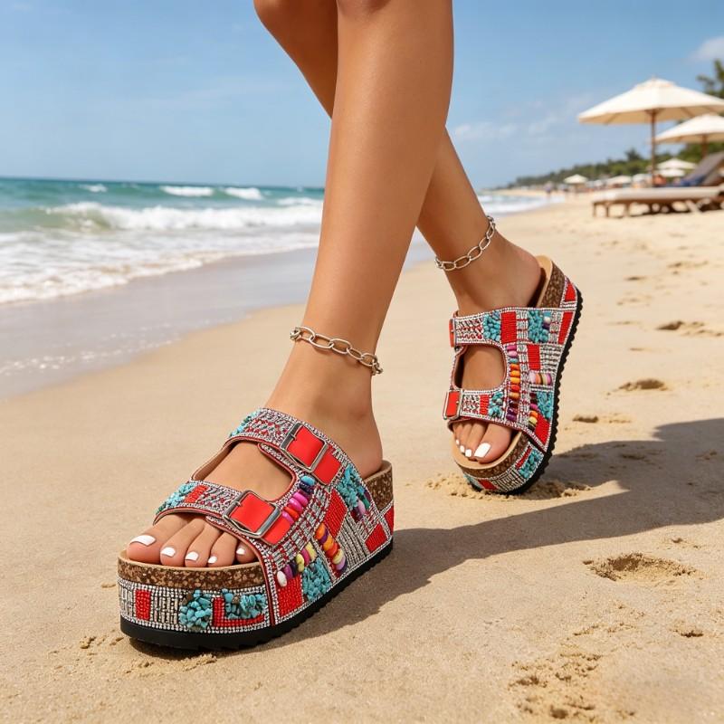 Viral Red Boho Multicolor Beaded Rhinestone Slides, Womens Sparkly Platform Sandals with Adjustable Buckles, Summer Beach & Street Style Footwear