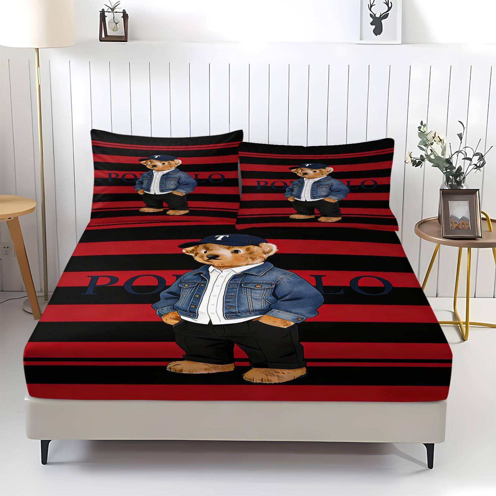Teddy Bear Pattern Bed Sheet, Comfortable Printed Pattern, Includes 1 Bed Sheet and 2 Pillowcases, Comfortable Bedding, Non slip Dust Cover Suitable for Bedroom and Guest Room, Suitable as a Gift for Children or Adults
