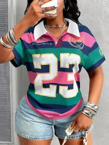 Street Fashion Sporty Colorblock Striped Polo Shirt for Women, Number 23 Print Slim Fit Daily Wear, Streetwear