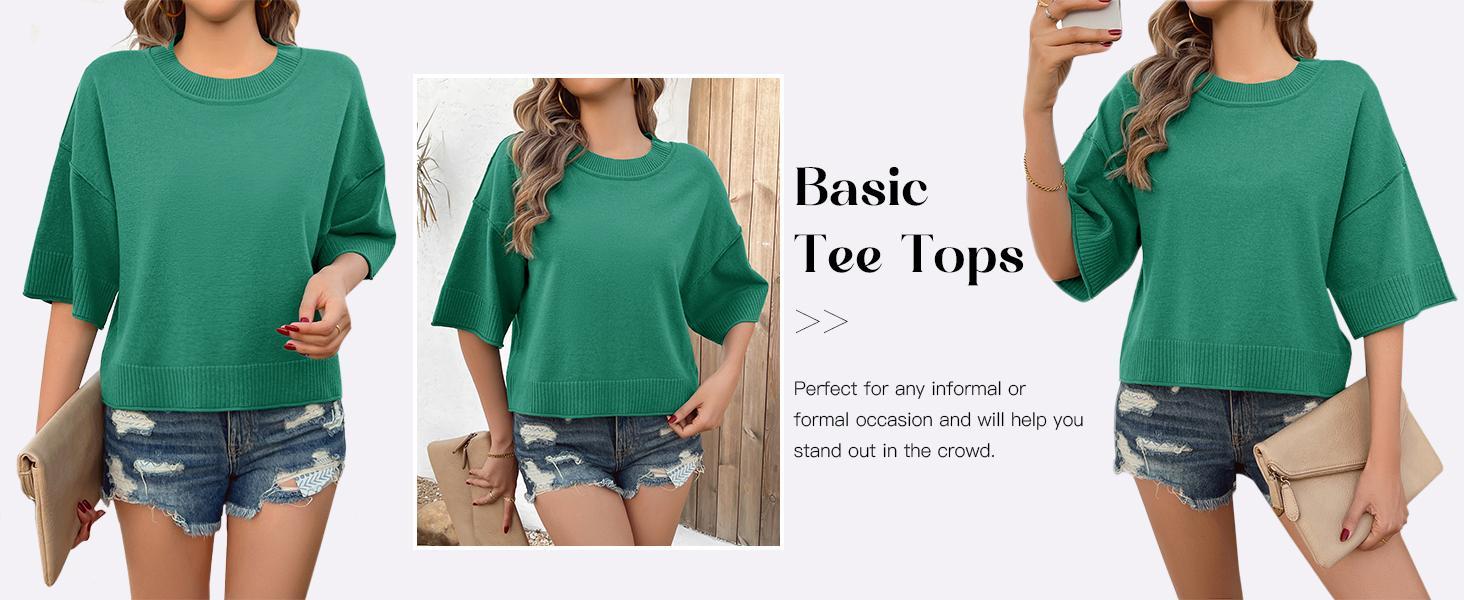 Saodimallsu Womens Short Sleeve Sweater Summer Oversized Cropped Sweaters Casual Crewneck Lightweight Knit Tops Knitting Style Womenswear Knitwear Fabric