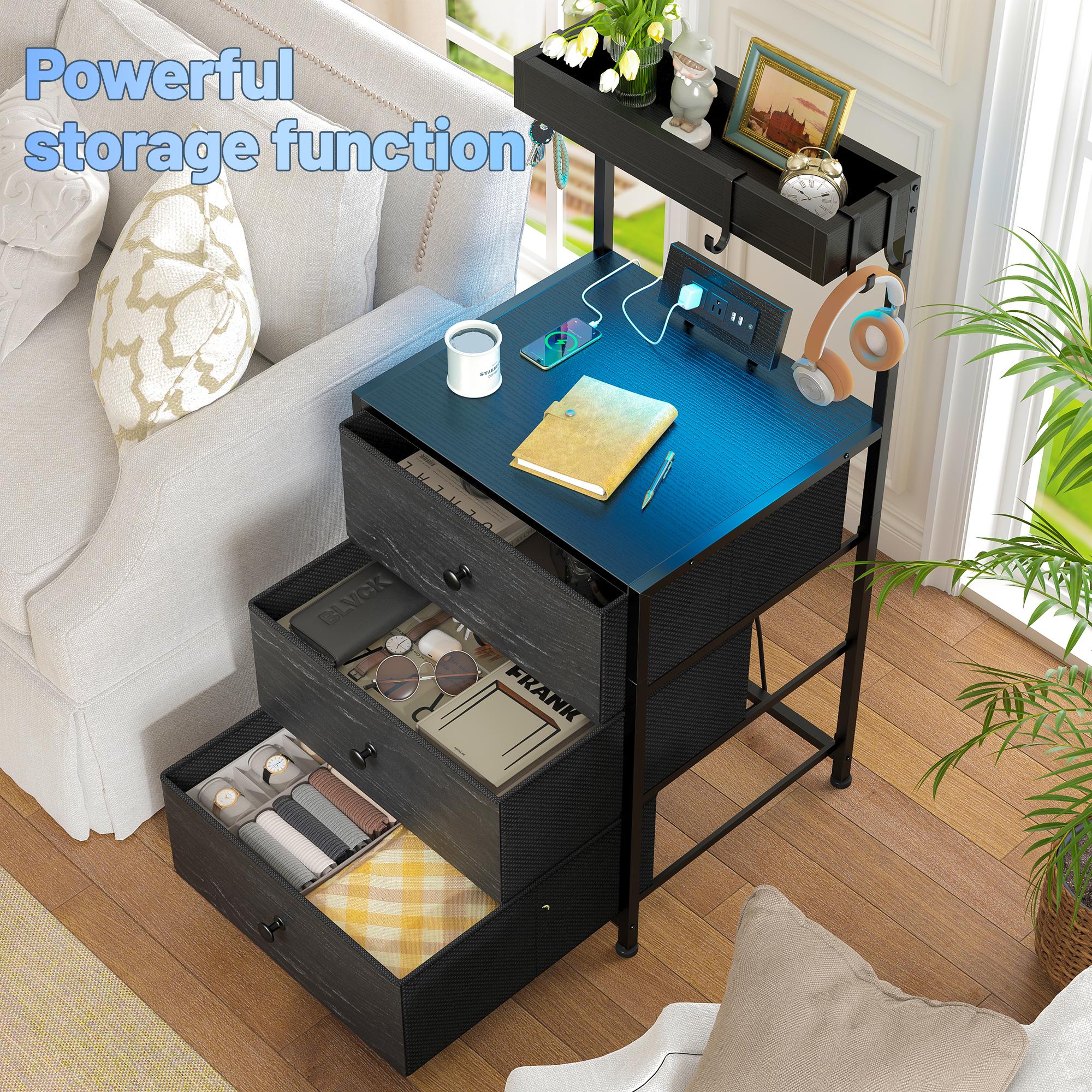 LED Nightstand Set of 2 with 3 Fabric Drawers & Shelf & Hooks, Tall Nightstand with LED & Power Outlet , End Table with Charging Station, Bed Side Table for Bedroom Furniture, White, Black, Rustic Brown