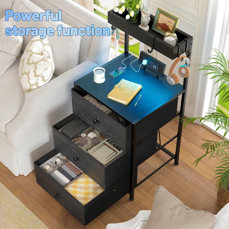 LED Nightstand Set of 2 with 3 Fabric Drawers & Shelf & Hooks, Tall Nightstand with LED & Power Outlet , End Table with Charging Station, Bed Side Table for Bedroom Furniture, White, Black, Rustic Brown