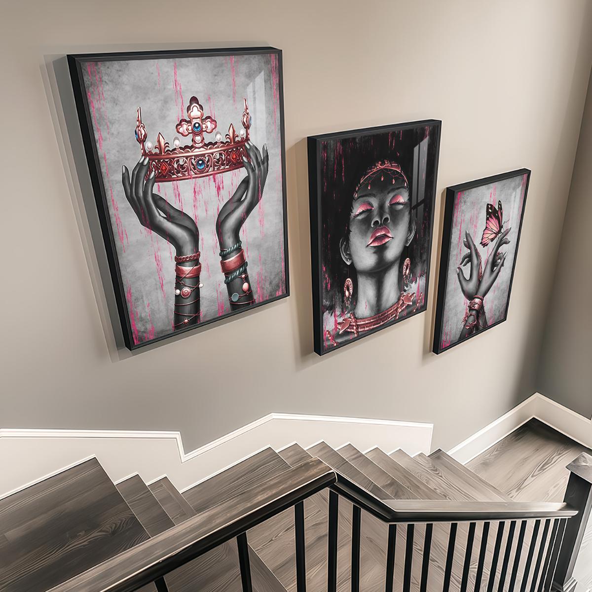 3 Counts Aluminum Alloy Framed Painting, Elegant Black And Pink Crown Butterfly Lady Artwork, Home Decoration For Living Room, Bedroom, Office, Restaurant, Hallway Wall Decor, Odorless Print Artwork, Luxury Perfect Gift For Friends And Family
