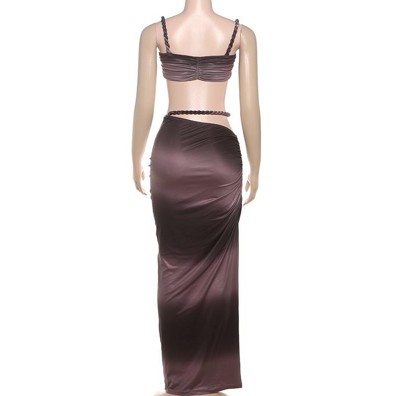 DOUCIU Multicolor Summer Beach Vacation Cool Light Sexy Hot Thin Women's Twisted Spaghetti Strap Vest Skirt Two-Piece Set, Lady Clothes, Plain Skirt Set