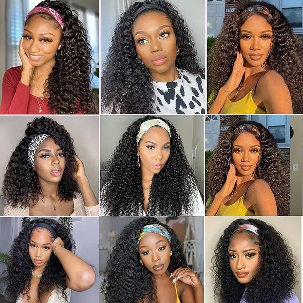 Bling Hair Curly Headband Wig Deep Wave Headband Wigs with Headbands Attached Glueless Black Wig 150% Density for Daily Use (26 Inch)
