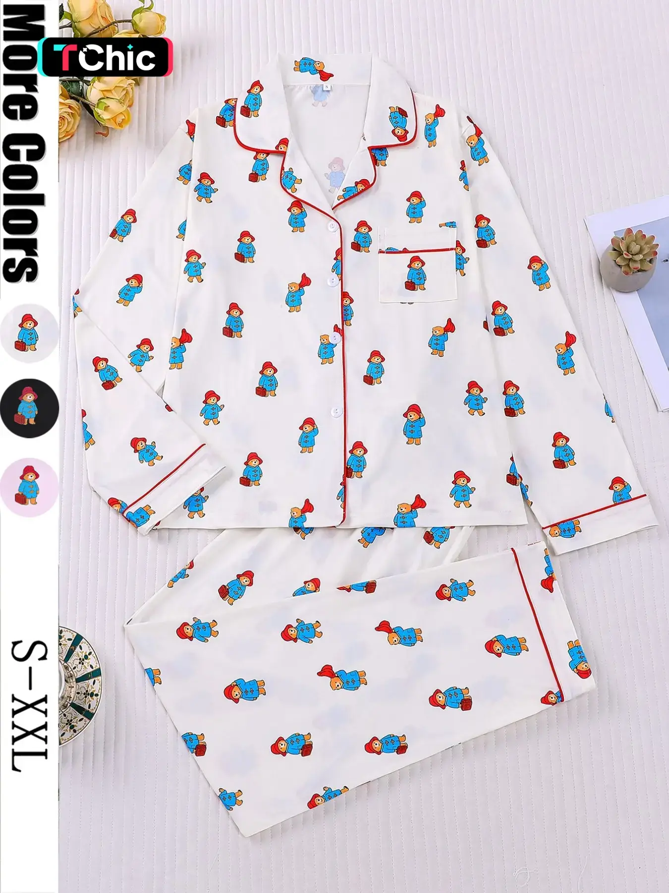 Cute Doll Bear Print Women's Sleepwear Pajama Loungewear Pjs Set, Casual Home Nightwear, Long Sleeve Button Front Top and Loose Elastic Pants, Casual All-Season Home Wear