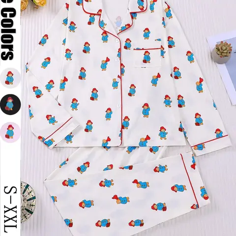Cute Doll Bear Print Women's Sleepwear Pajama, Casual Home Nightwear, Sets Pajama, Long Sleeve Button Front Top and Loose Elastic Pants, Casual All-Season Home Wear #GLOBAL PICKS