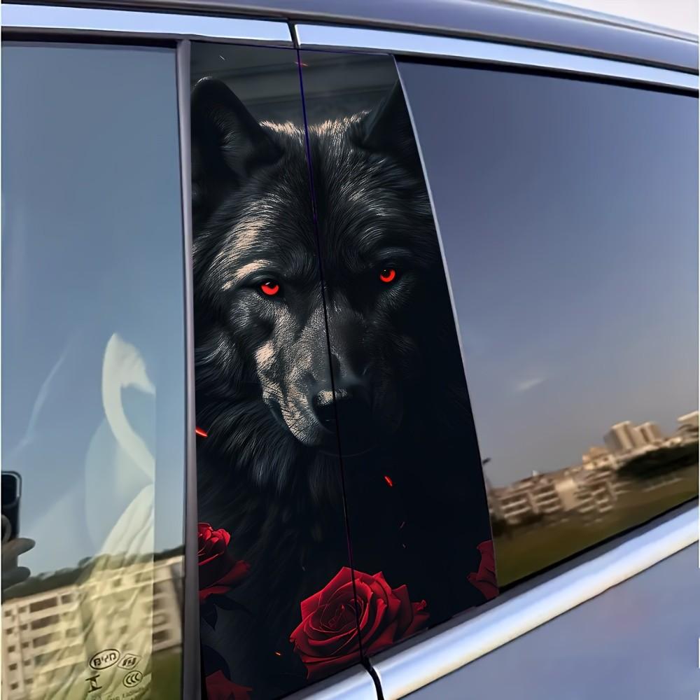 Edgy Tough Guy B Pillar Decal - Black Wolf Rose Red Eyes 3D Realistic Universal Window Pillar Modification Sticker