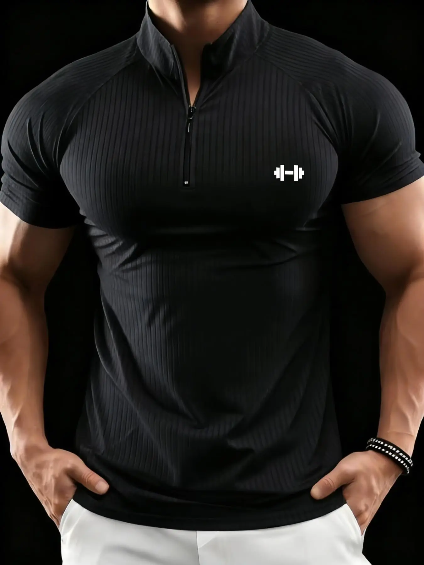 Men's European Style Fitness T-Shirt, Vertical Texture Half-Zip Stand Collar Dumbbell Print, High Elasticity Quick-Dry Breathable Fabric