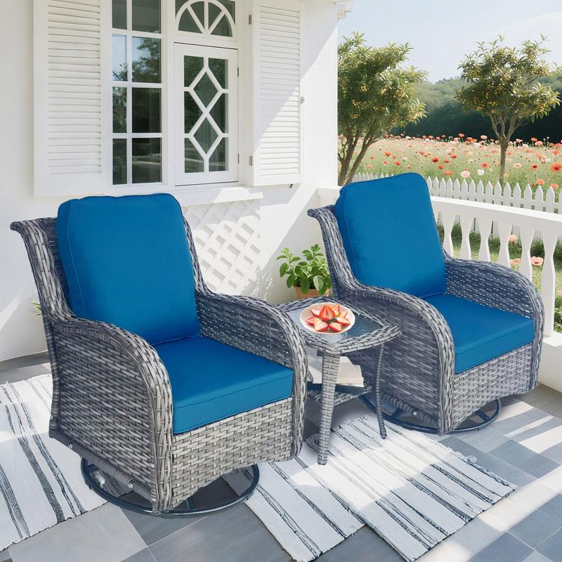 Outdoor Swivel Rocker Chairs 3 Pieces Wicker Swivel Patio Chair with Rattan Side Table, Wicker Patio Furniture Set, 3 Piece Rattan Outdoor Sectional Conversation Sets 2 Piece Wicker Hang gliding Chairs and 1 Side Table, Blue+Grey Outdoor Swivel Rocker Chairs 3 Pieces Wicker Swivel Patio Chair with Rattan Side Table, Wicker Patio Furniture Set, 3 Piece Rattan Outdoor Sectional Conversation Sets 2 Piece Wicker Hang gliding Chairs and 1 Side Table, Blue+Grey
