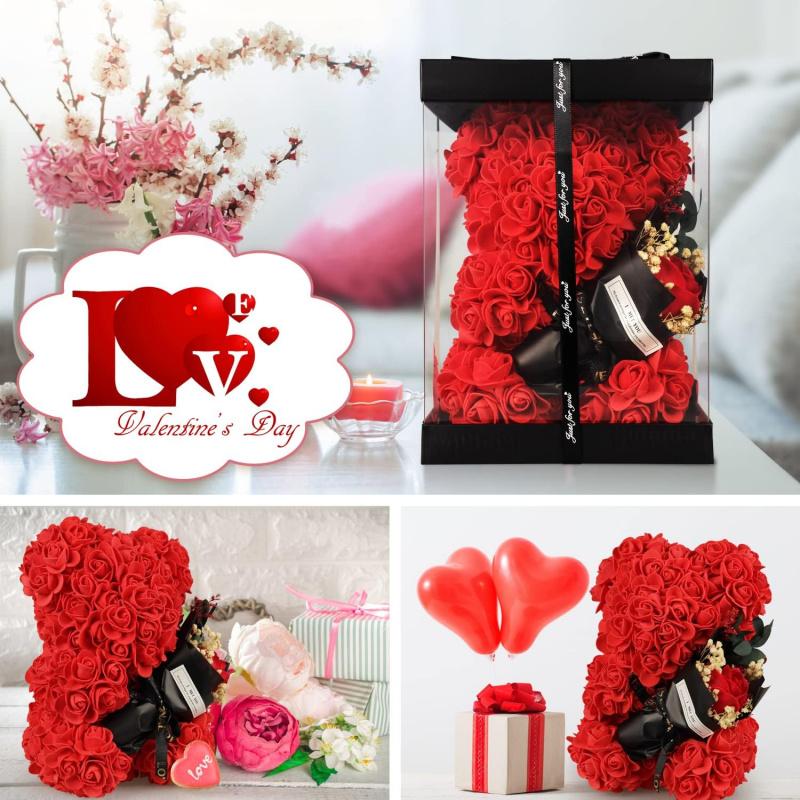 Rose Bear Gifts for Women-Best Gift for Valentine's Day,Mother's Day,Christmas,Birthday,Handmade Artificial Rose Teddy Bear Gifts for Girlfriend,Mom, and Daughters, Artificial Roses Bouquet with Bear Shaped Design,Surprise Clear Gift Box